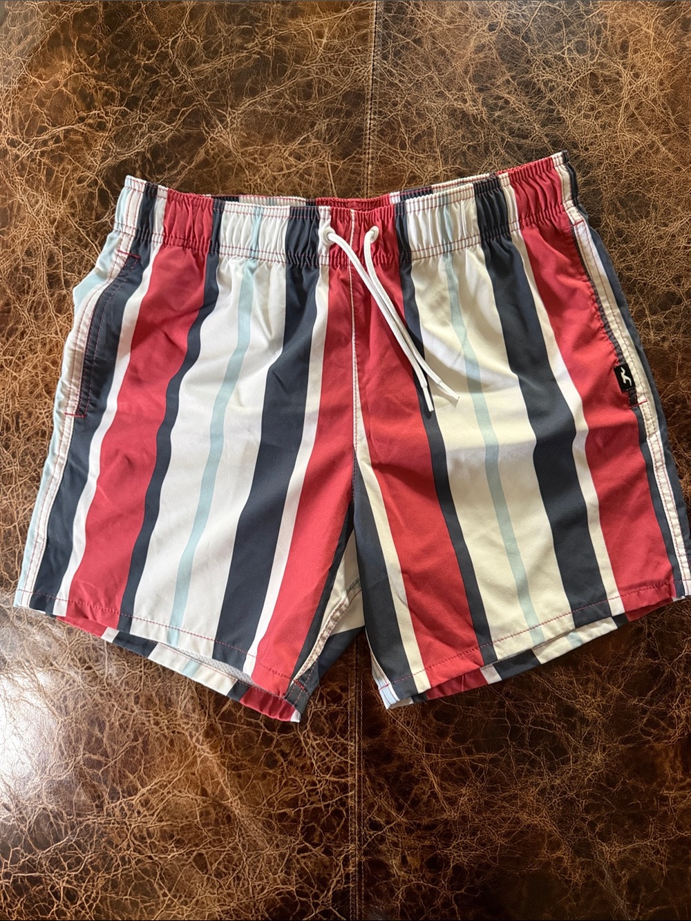 Hollister Red, Navy & White Vertical Stripe Swim Trunks
